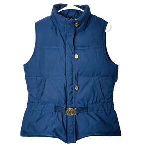 Lilly Pulitzer Down Feather Puffer Vest Sz M Belted Blue Buttons Sleeveless Zip
